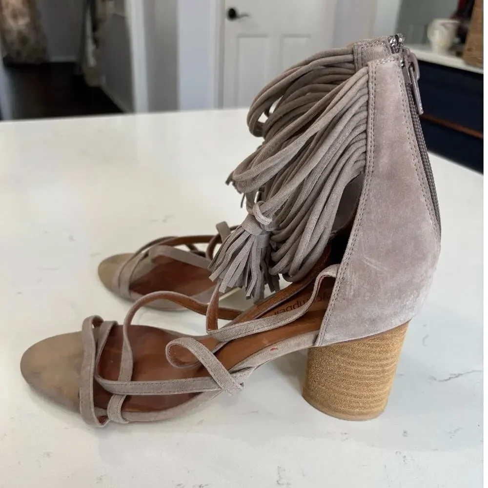 Jeffrey Campbell Despina Taupe Suede heels sz 8 strappy boho w/tassel /zipper
